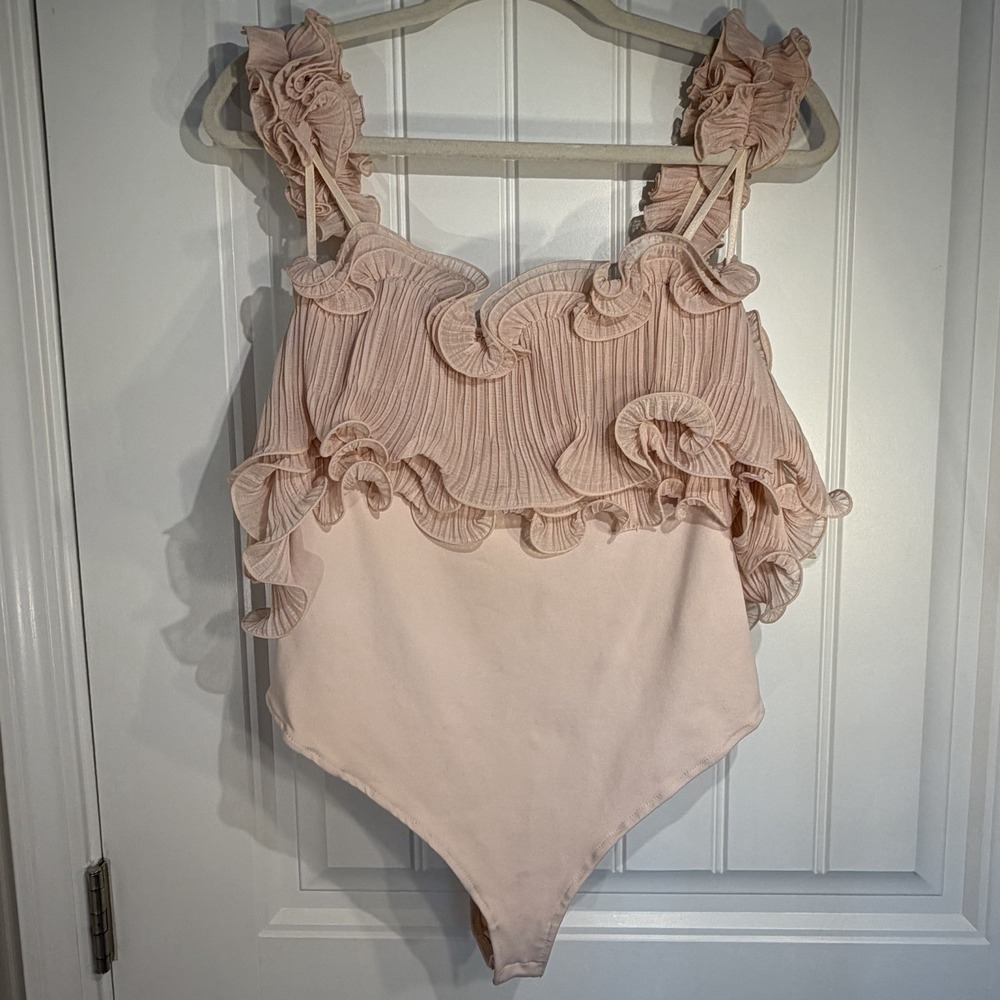 Intimately Free‎ People Medium Blush Pink Pleated Ruffle Bodysuit Boho Romantic